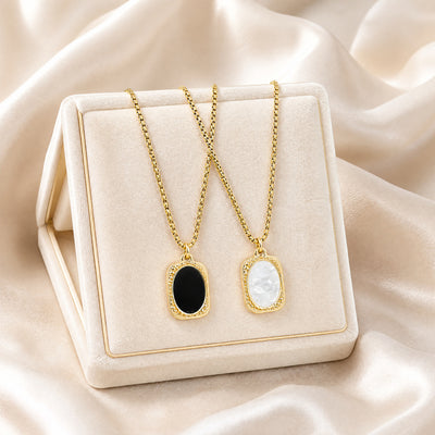 Colar com pendente de placa retangular em aço inoxidável banhado a ouro de 18K para mulher, ónix preto ou madrepérola branca vintage, corrente veneziana, joia delicada para o dia a dia, ideia de presente
