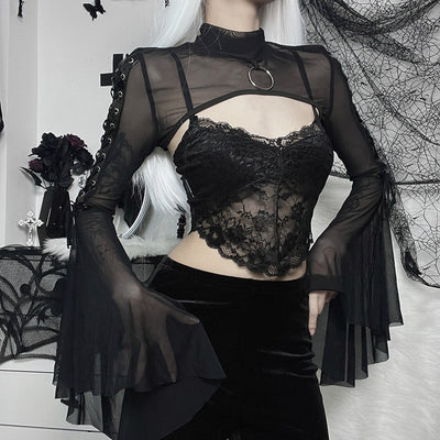 Dark Style Half Turtleneck Bell Sleeve Bilateral Ribbon Slim Fit Waistcoat