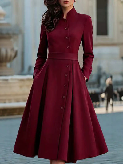 Amazon 2026 Fall Winter Bestseller Solid Color Buttoned Lace-Up Long-Sleeve Dress With Exquisite Pocket Design For Women
