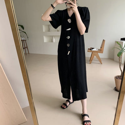 Korean Style Retro Japanese Chic Button Over The Knee Dress