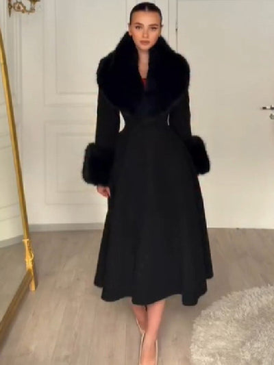 Faux Fur Trim Tailored Fit-and-Flare Long Coat