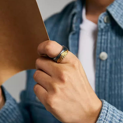 Handmade Carved Ring Men's Silver-wrapped Gold Opening