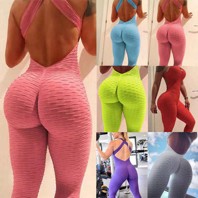 Macacão curto de fitness sexy para mulher com costas abertas cruzadas, macacão de cintura subida em rede, body com recortes