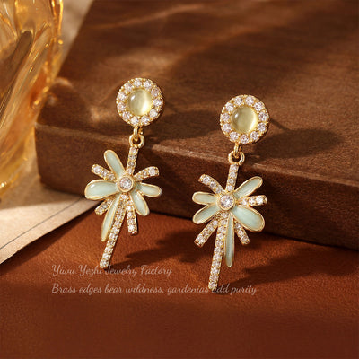 Brincos flor com borla em gota de água de zircónia retro estilo francês, brincos fogo-de-artifício de luxo discreto e elegantes para mulher, de alta gama