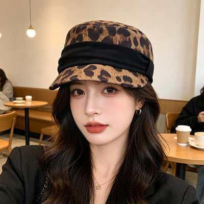 Boné de leopardo com laço plissado, estilo retro