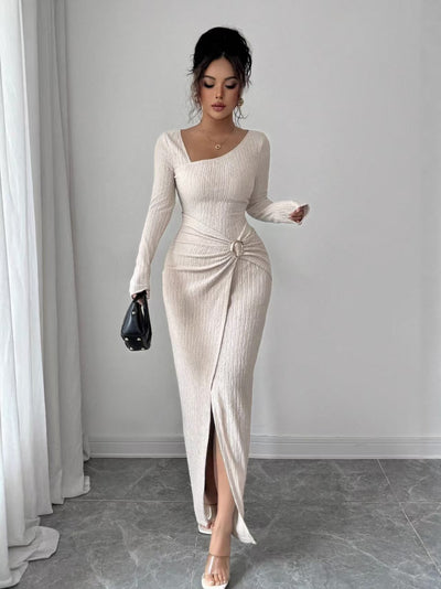 Fitted Maxi Dress, Twisted Asymmetric Neckline