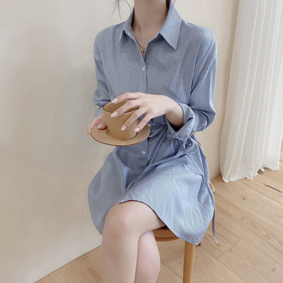 Striped Shirt Dress For Women Autumn Mid-length Small Waist-tight Temperament Shirt Dress