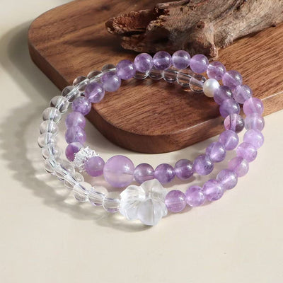 Pulseira de ametista natural e quartzo transparente, pendente de flor e pérola, corrente de duas camadas, joia de energia e sabedoria para mulher