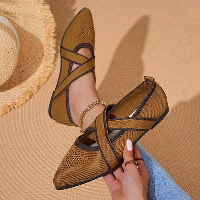 Knitted Breathable Mary Jane Cross Strap Pointed Toe Flats